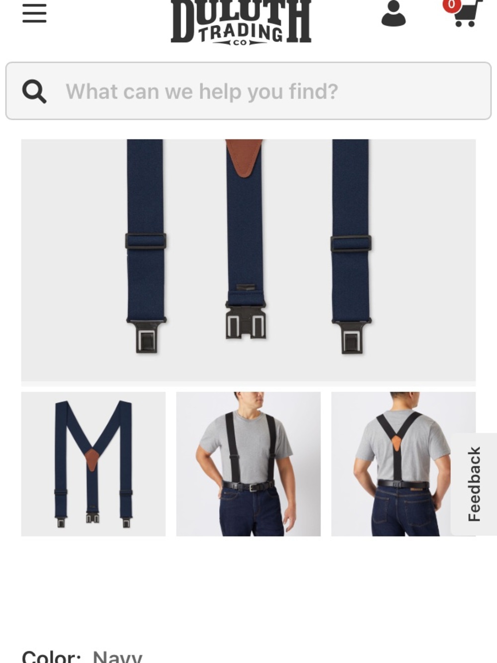 Duluth Trading Co Navy Suspenders with Brown Leather Y-Back